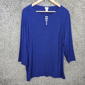Chicos Travelers Top Womens 4 US XXL Blue Slinky Neck Detail Tunic Blouse